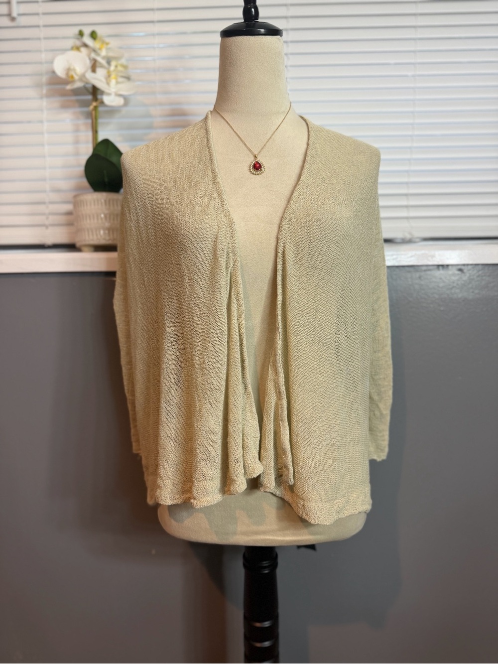 Eileen Fisher XL Beige Linen Blend Open Front Cardigan Italian Yarn - Picture 3 of 9